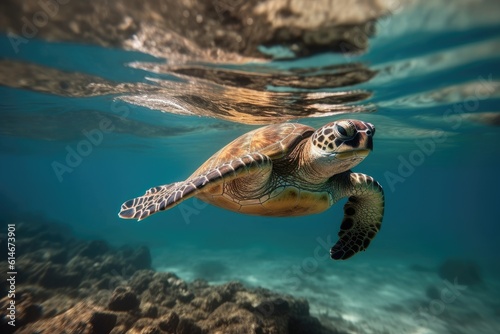 Sea turtle swims under clear water.