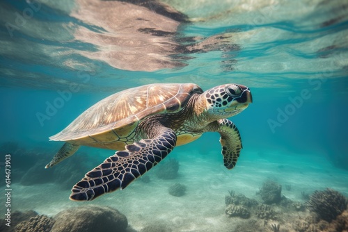 A beautiful turtle swims in clear water. © Iryna