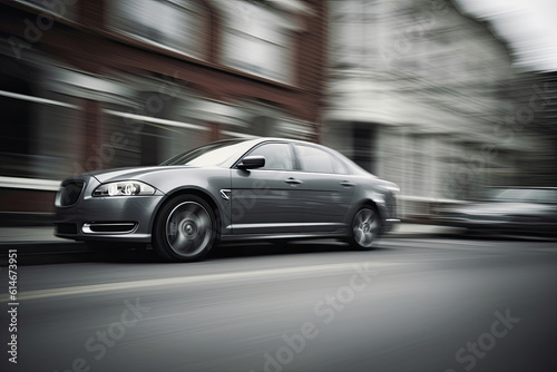 The car is driving through the city, speed and motion blur. © Iryna