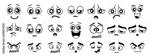 Set of faces in comic style on a white background. Vector stock illustration. isolated. Characters with different facial expressions. Angry, scared, in love, puzzled, cheerful, sad, laughing, crying, 