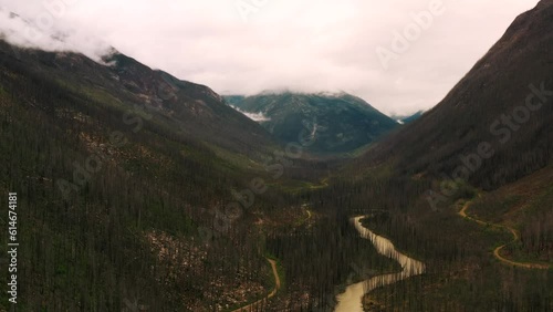 Drone Pullback Revealing a River Flowing through a Burned Forest in a Mountain-Enclosed Valley photo