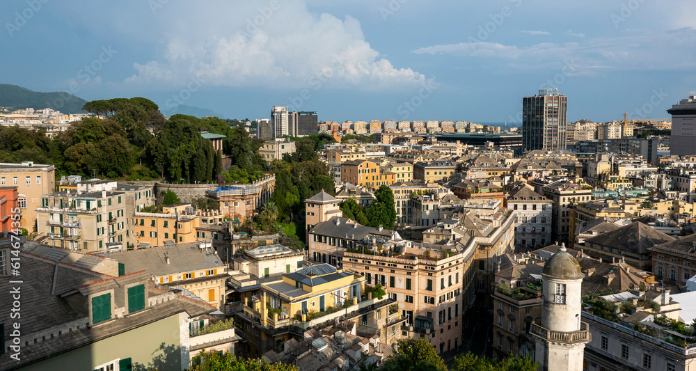 scenic and wonderful panorama of the city of Genoa seen from above