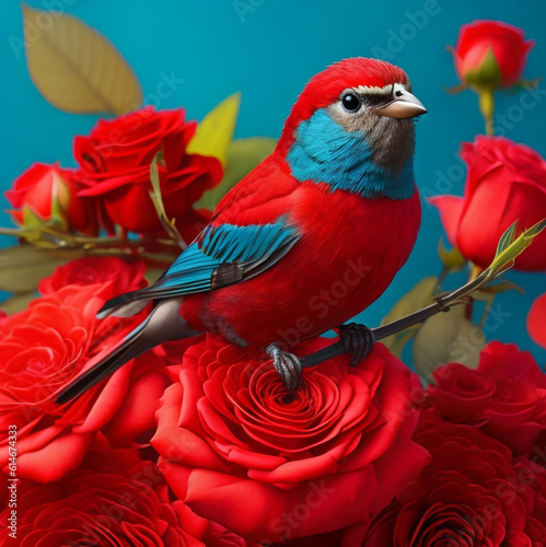 Cute Bird Soars Amidst Colorful 3D Background with Vibrant Red Rose Flowers photo