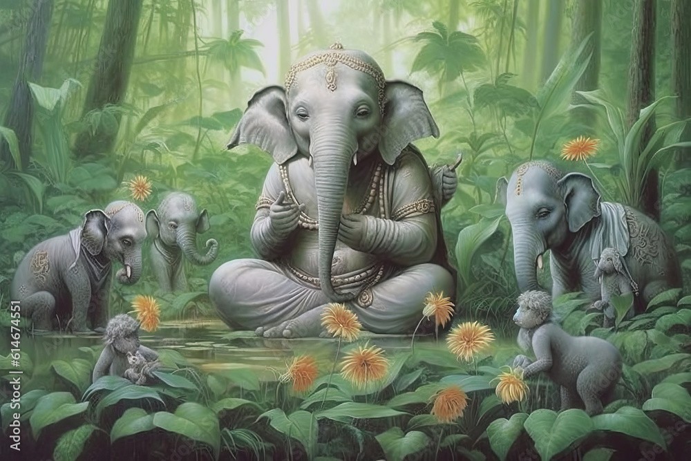 Fototapeta premium Buddha with Baby Elephants