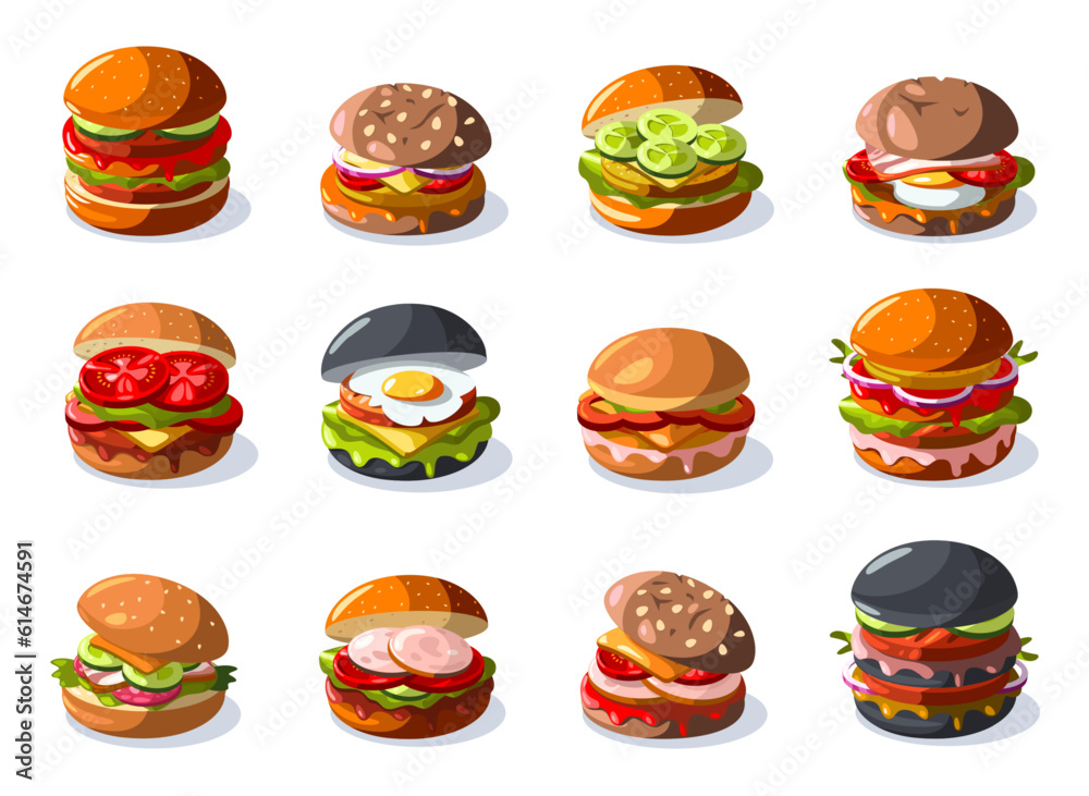 Burger collection. Cartoon raw beef sliced sandwich with lettuce tomato cheese, fast food meal with sauce. Vector burger with different ingredients