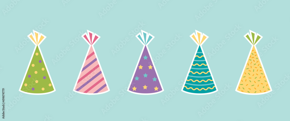 Set of holiday hat stickers for birthday and new year. Vector stock illustration. Set of holiday hat stickers for birthday and new year. Vector stock illustration.