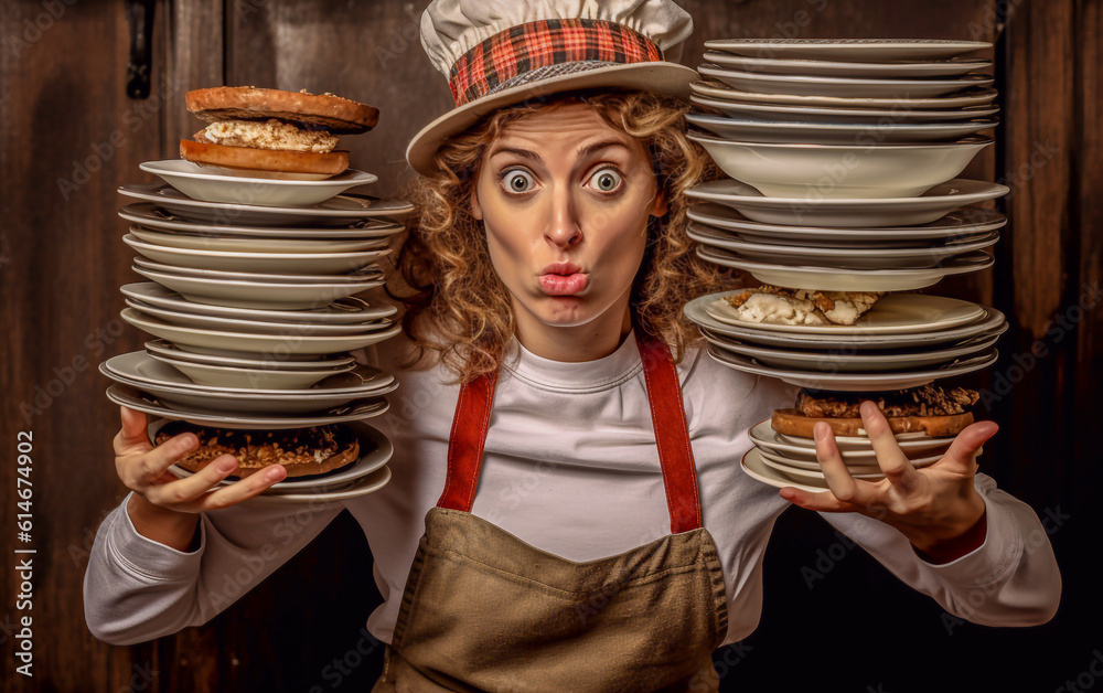 A young female waitress with a precariously balanced stack of plates
