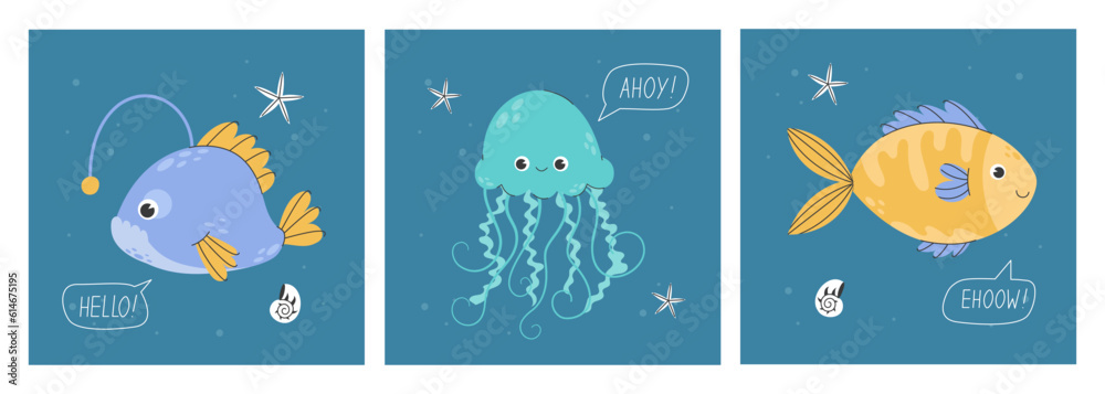 Fototapeta premium Nautical themed posters, anglerfish, jellyfish, crucian carp. Cute baby illustrations with lettering for poster, greeting card, banner and flyer. Set of vector stock illustrations with sea animals. 