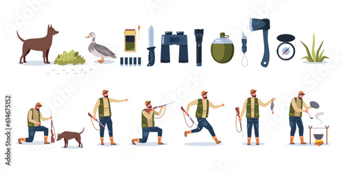 Hunter ammunition. Cartoon character gunner sniper rifles with hunting ammunition, shotgun and binoculars for hunting weapon. Vector isolated set