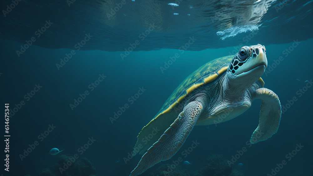 Green sea turtle swimming underwater in deep blue ocean. Sea animal.