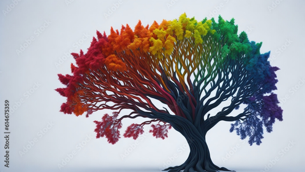 Naklejka premium 3D illustration of a colorful tree in the shape of a rainbow.