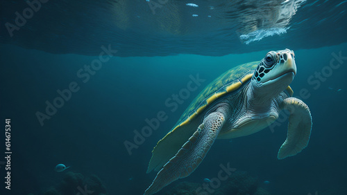 Green sea turtle swimming underwater in deep blue ocean. Sea animal.