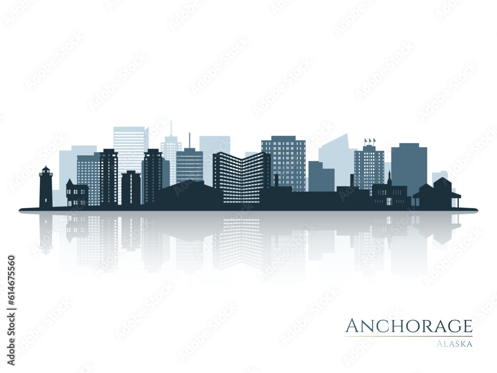 Anchorage skyline silhouette with reflection. Landscape Anchorage, Alaska. Vector illustration.
