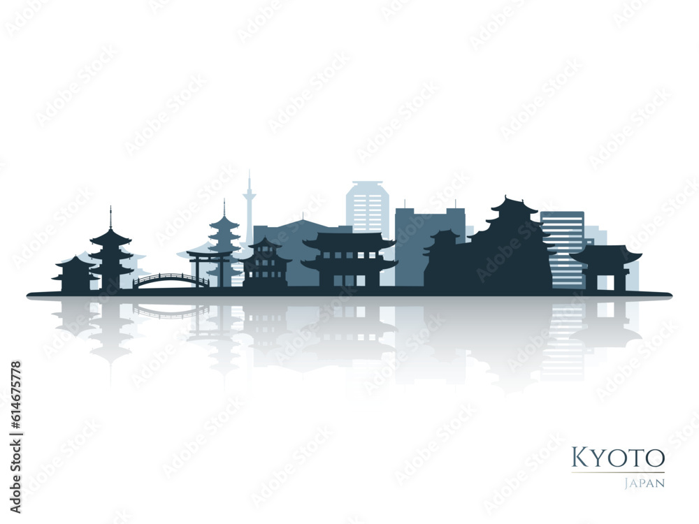 Obraz premium Kyoto skyline silhouette with reflection. Landscape Kyoto, Japan. Vector illustration.