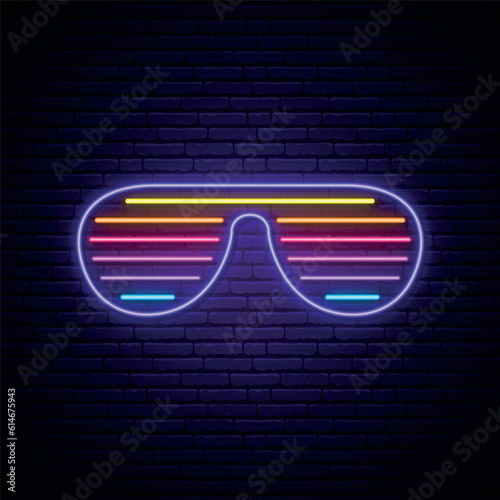 Neon shutter glasses sign in retro 80s style. Glowing sunglasses emblem on dark brick wall background. Vector illustration.