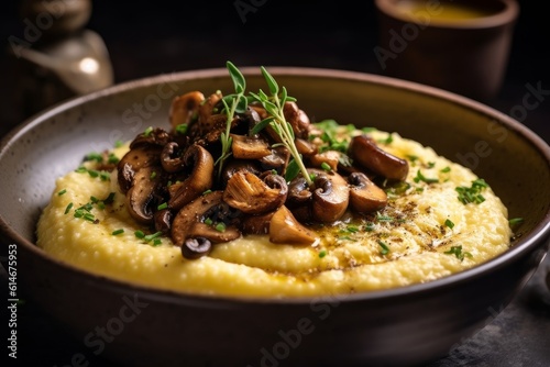bowl of creamy polenta served with sautéed mushrooms and a hint of truffle oil