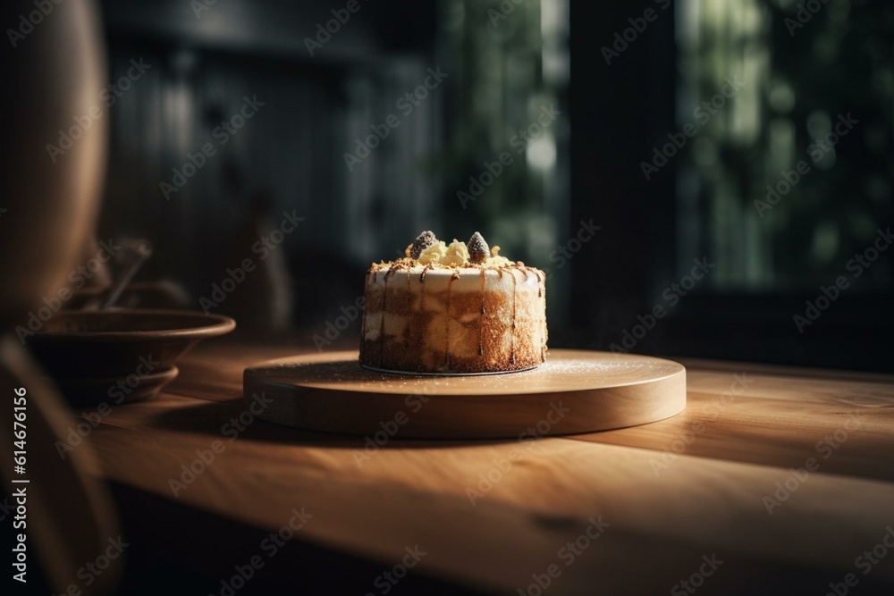 A cake resting on a wooden table. Generative AI