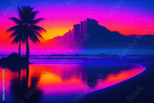 Purple Retrowave Beach Background Illustration © Postmodern Studio
