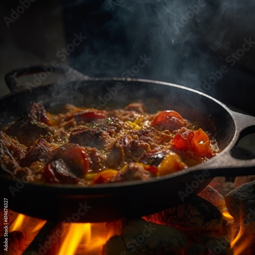 Trippa alla Fiorentina being cooked in a traditional cast iron skillet