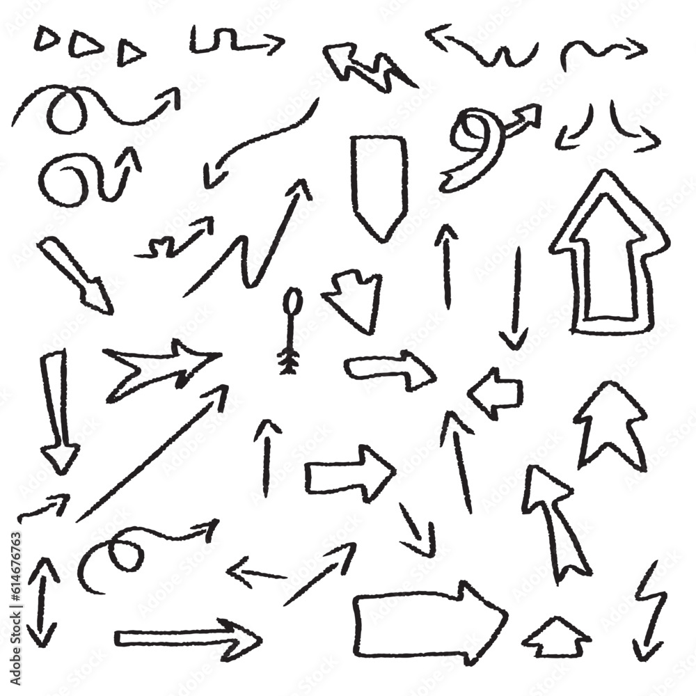 Hand drawn a grunge sketch of doodle arrows isolated on white background Hand drawn a grunge sketch of doodle arrows isolated on white background