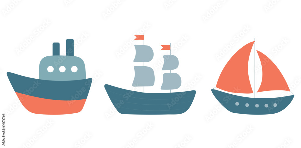 Cute vector ships illustration. Cartoon ship, boat and yacht