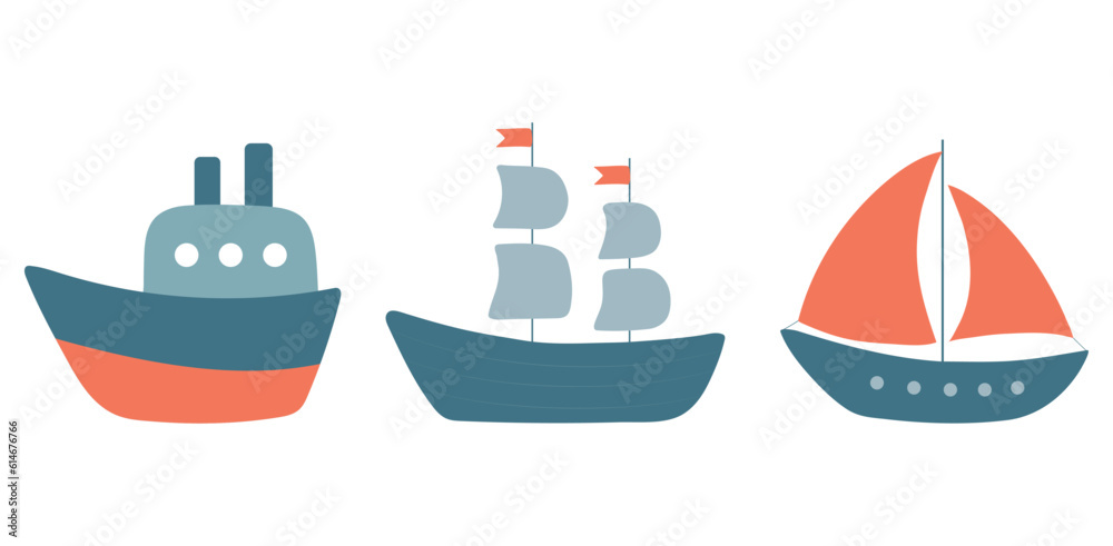 Cute vector ships illustration. Cartoon ship, boat and yacht Cute vector ships illustration. Cartoon ship, boat and yacht