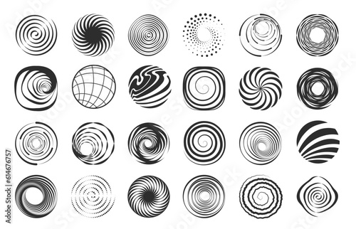 Spiral shapes. Abstract swirl geometric figures, modern wavy circle spiral abstract elements, motion black border design elements. Vector set