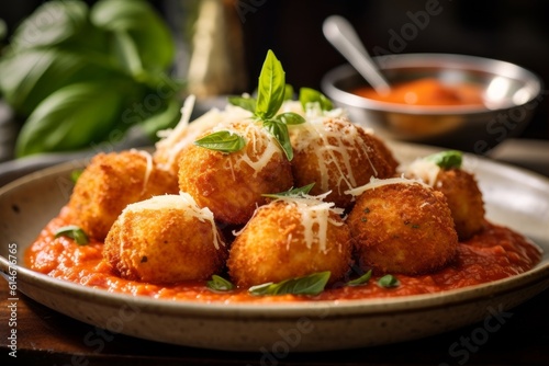 plate of Arancini with a side of marinara sauce and fresh basil leaves