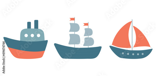 Cute vector ships illustration. Cartoon ship  boat and yacht