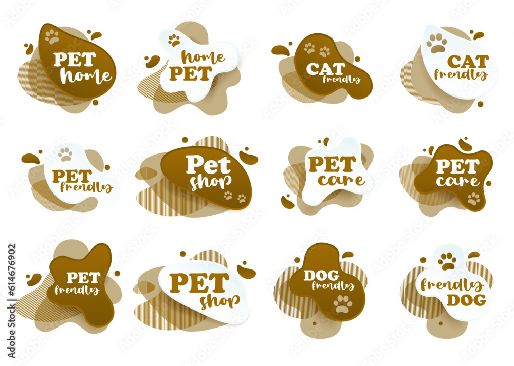 Pet friendly tag. Label and stikers emblem with drops for web and print tag. Pet friendly and care label set. Vector illustration for you design.
