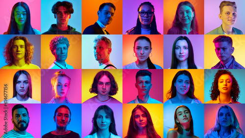 Collage made of portraits different people, men and women with serious expression looking at camera against multicolored background in neon. Concept of human emotions, lifestyle, facial expression. Ad