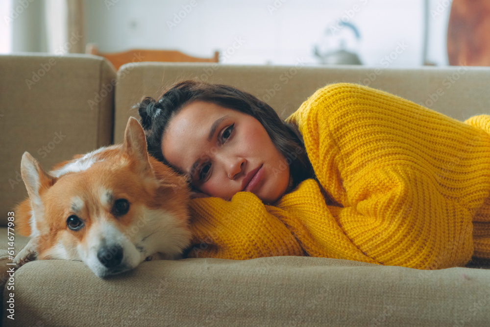A beautiful girl in a yellow sweater lying on the couch with a corgi A beautiful girl in a yellow sweater lying on the couch with a corgi