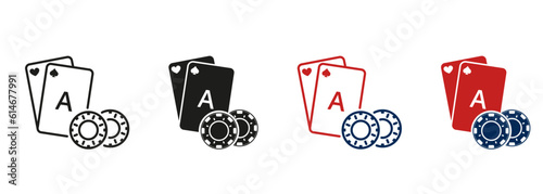 Casino Roulette in Vegas, Play Card with Poker Chip, Line and Silhouette Icon Set. Lucky Gambling, Blackjack, Bridge, Poker Sign. Gamble Game Symbol Collection. Isolated Vector Illustration