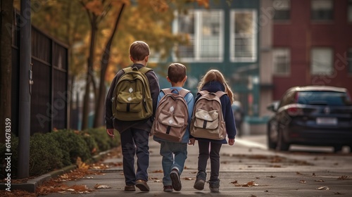 school students walking on the street - school friends a boys and girls with school backpacks on their backs walk after class - education and school concept, Generative AI
