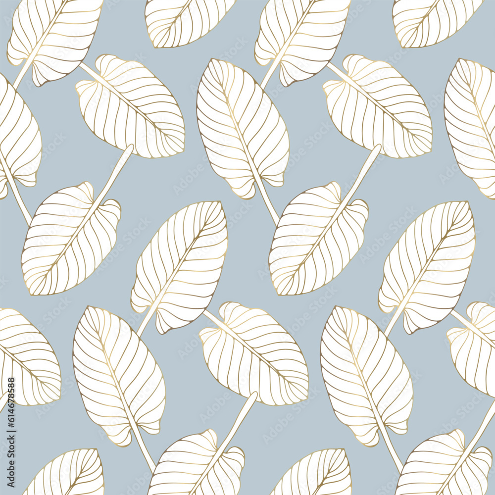 Tropical luxury seamless pattern with golden leaves on a blue background. Pattern for textiles, wrapping paper, backgrounds, wallpapers, decor