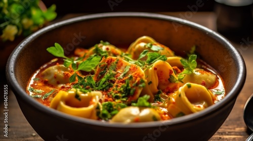 Tortellini in Brodo featuring rich colors and textures, garnished with fresh parsley and served in a rustic bowl photo