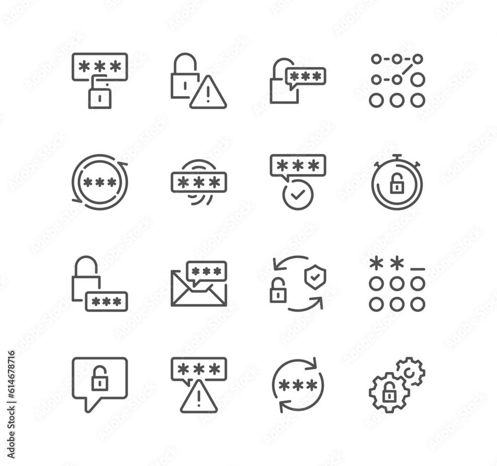 Set of password related icons, security alert, key, authorization, password combination, finger print and linear variety vectors.