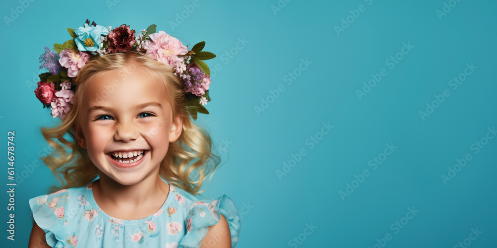 Adorable blond little girl wearing flowers in her hair. Isolated on blue background Adorable blond little girl wearing flowers in her hair. Isolated on blue background