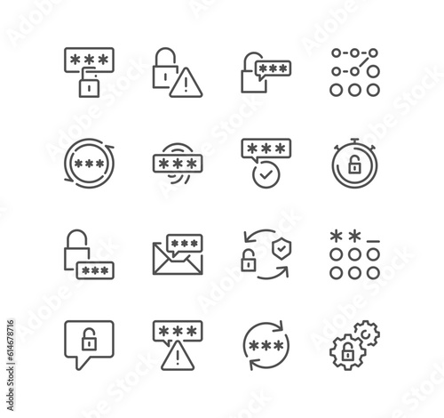 Set of password related icons, security alert, key, authorization, password combination, finger print and linear variety vectors.