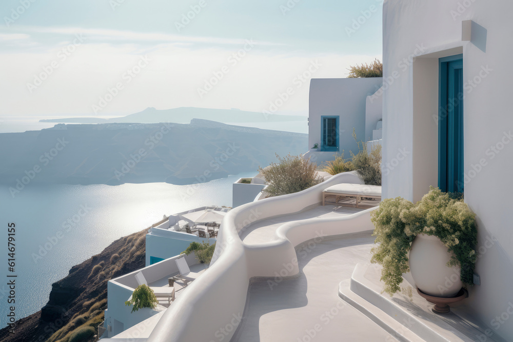 Fototapeta premium Cozy mediterranean street. Modern white elegant greek house exterior with sea view, blue door and blooming plant climbing a wall. Traditional villa of Santorini. Generative AI, human enhanced