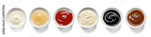 Various sauces in bowls isolated on transparent or white background, png