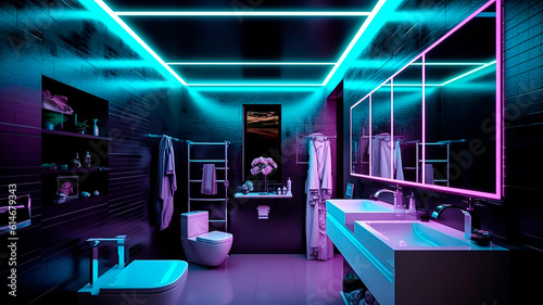 A dark modern bathroom interior design with purple and blue neon lights. Futuristic design. Generative AI.