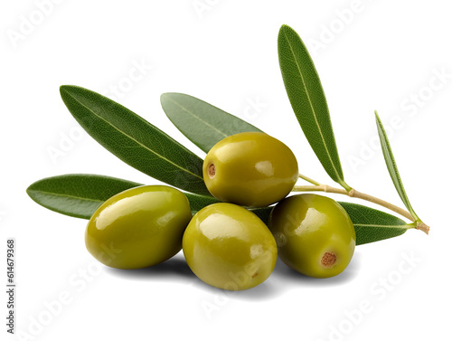 Green olives with leaves isolated on transparent or white background, png