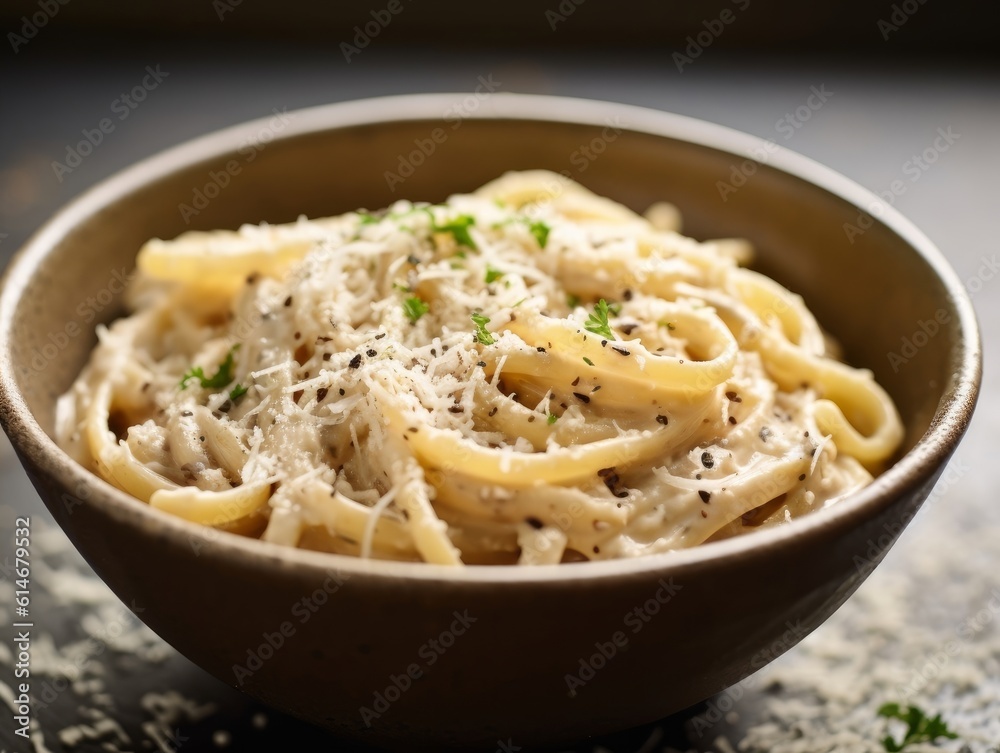 Cacio e Pepe in a white bowl, showcasing the creamy texture and freshly cracked black pepper Cacio e Pepe in a white bowl, showcasing the creamy texture and freshly cracked black pepper