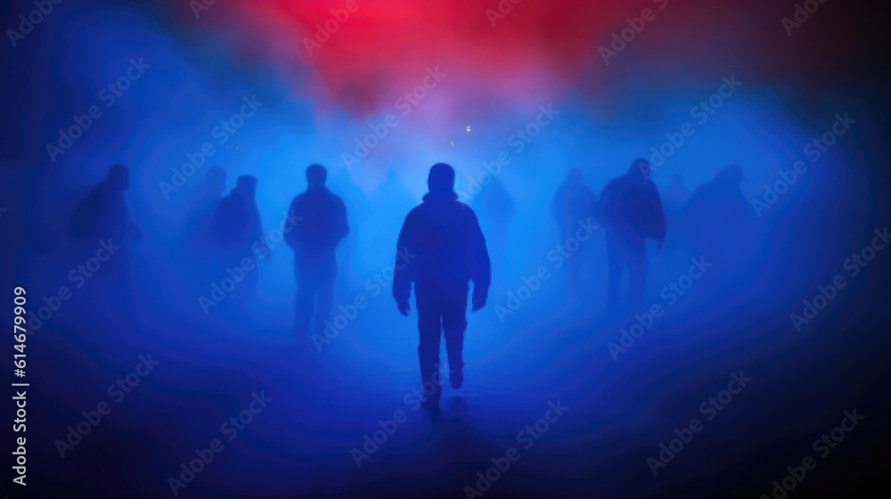 Red-blue police flasher, siluets of rioting people. Generative AI Red-blue police flasher, siluets of rioting people. Generative AI