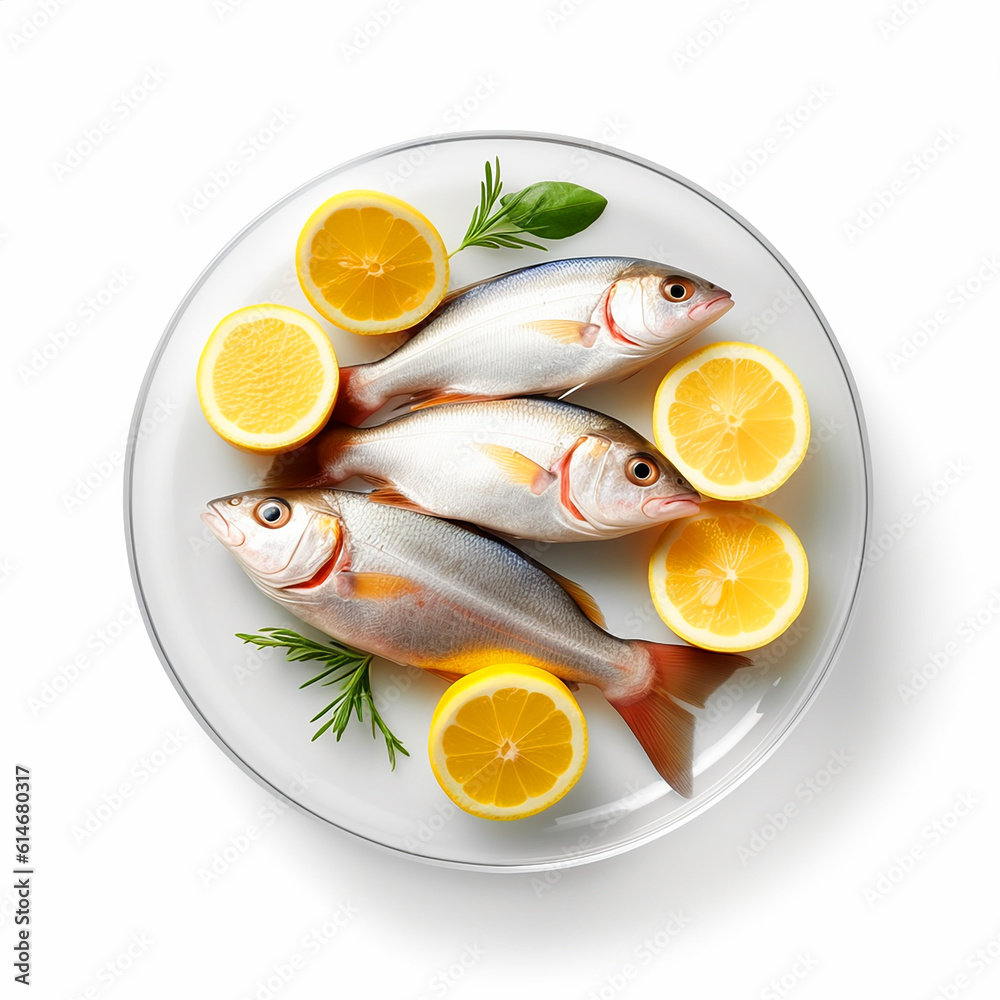 plate of fishes with lemons slices on transparent white background plate of fishes with lemons slices on transparent white background