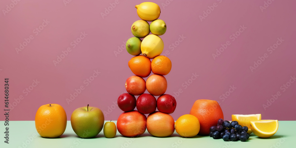 Equilibrium food balance diet concept. Balancing pyramid or tower of fruits. Generative AI Equilibrium food balance diet concept. Balancing pyramid or tower of fruits. Generative AI