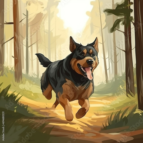 Energetic Rottweiler: Illustration of a Running Dog in the Forest - Motion photo