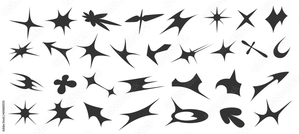 Y2k star shapes. Futuristic pop modern dynamic forms, contemporary y2k abstract forms with sparks. Vector brutalist sci-fi glowing stars collection Y2k star shapes. Futuristic pop modern dynamic forms, contemporary y2k abstract forms with sparks. Vector brutalist sci-fi glowing stars collection