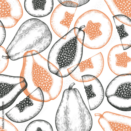 Hand drawn sketch style papaya seamless pattern. Organic fresh fruit vector illustration. Retro fruit background.